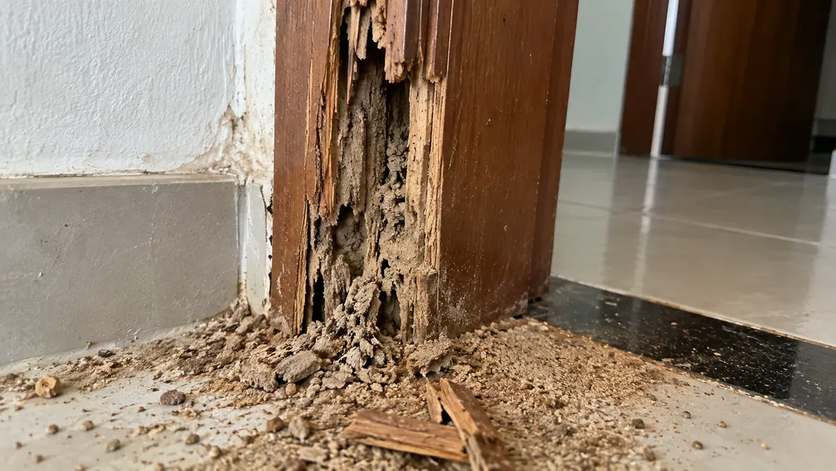 Batente e rodapé de madeira destruídos por cupim — dano estrutural que a Proteção identifica na inspeção técnica