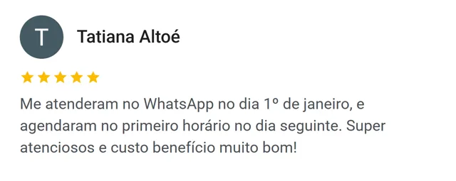 Avaliação no Google de Tatiana Altoé: atenderam no WhatsApp em 1º de janeiro e agendaram no primeiro horário do dia seguinte