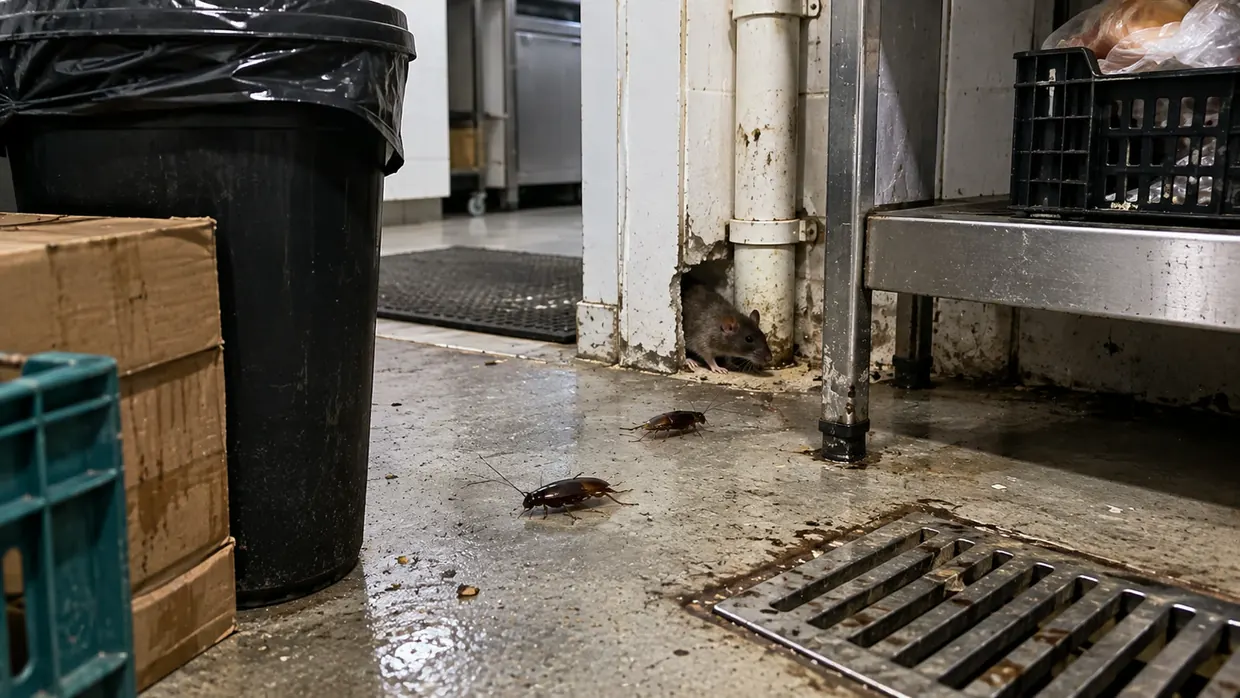 Rato e baratas em área de depósito comercial — pragas urbanas atendidas pela Proteção